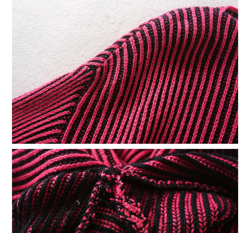 Fashion Rose Red One-neck Striped Knit Sweater,Sweater