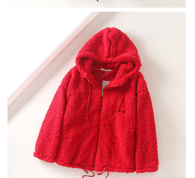 Fashion Red Lamb Hooded Zipper Jacket,Coat-Jacket
