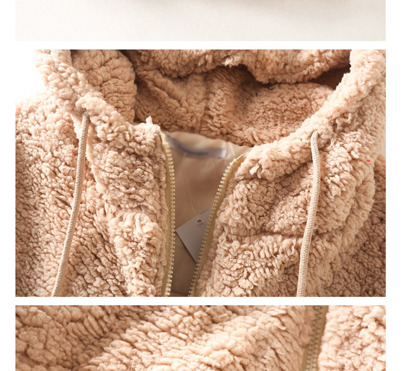 Fashion Beige Lamb Hooded Zipper Jacket,Coat-Jacket