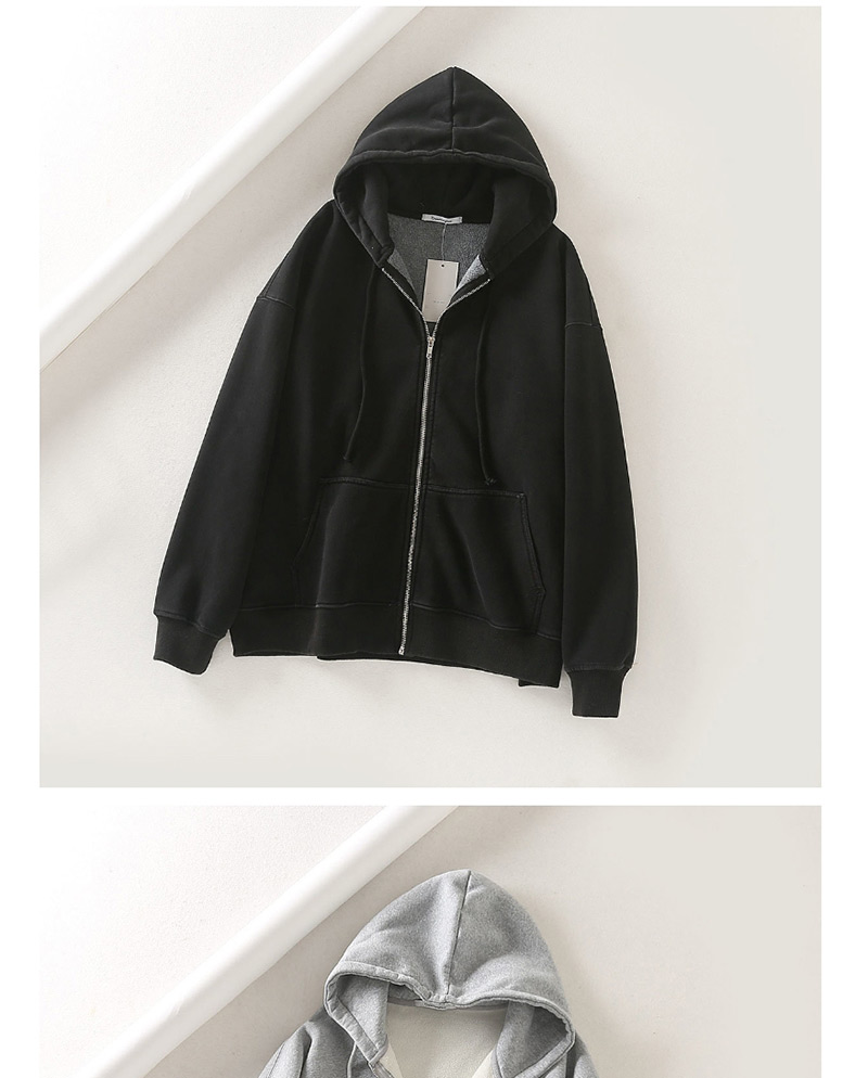 Fashion Washed Black Plus Zip Hooded Sweatshirt,Coat-Jacket
