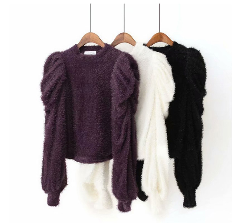 Fashion Black Cashmere Puff Sleeves Round Neck Stitching Sweater,Sweater