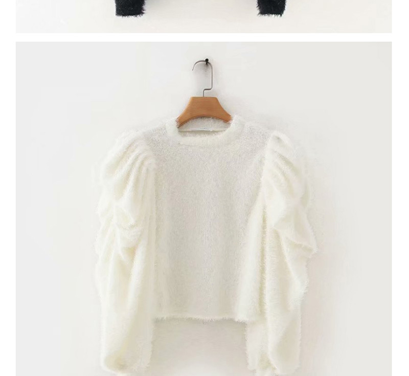 Fashion Black Cashmere Puff Sleeves Round Neck Stitching Sweater,Sweater