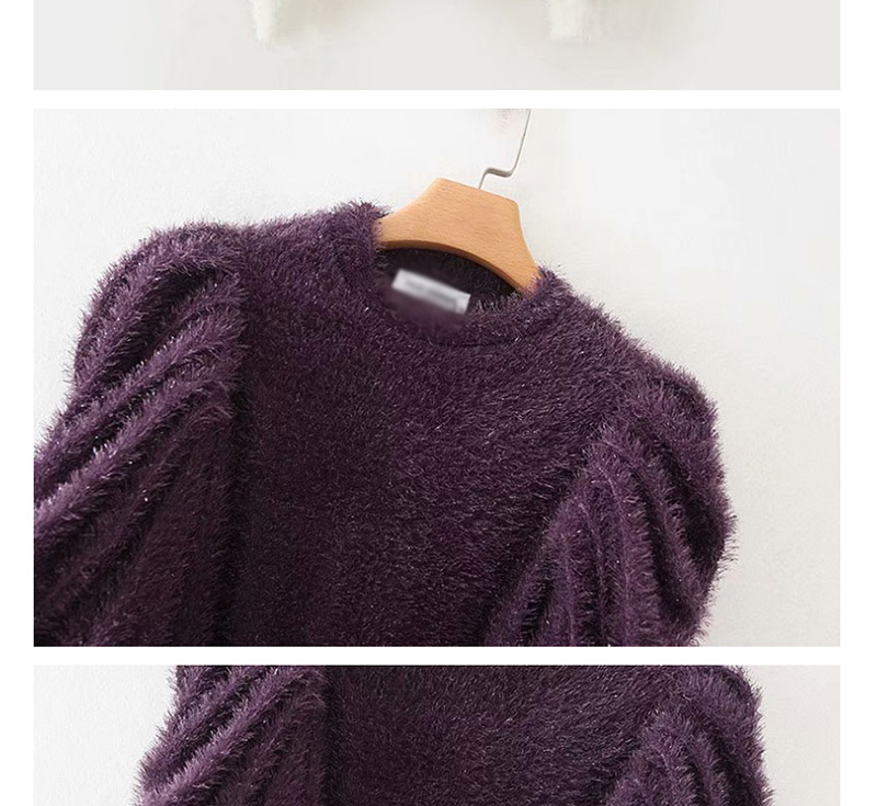 Fashion Purple Cashmere Puff Sleeves Round Neck Stitching Sweater,Sweater