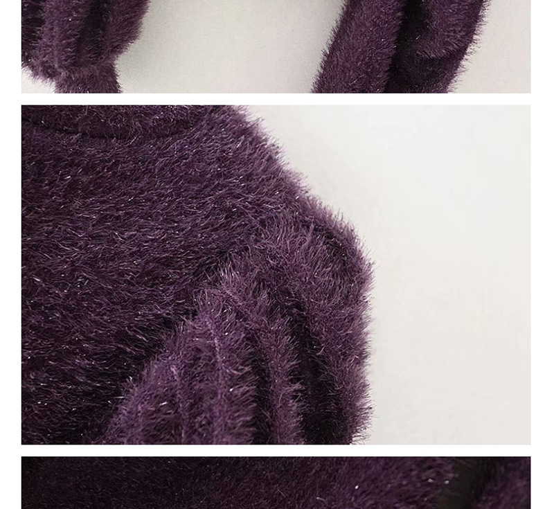 Fashion Purple Cashmere Puff Sleeves Round Neck Stitching Sweater,Sweater