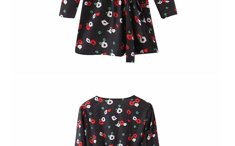 Fashion Black Flower Print V-neck Bow Wrap Dress,Mini & Short Dresses