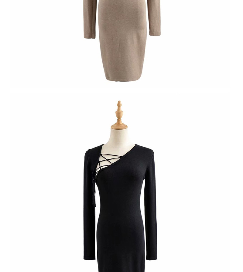 Fashion Black Diagonal Collar String Knit Dress,Long Dress