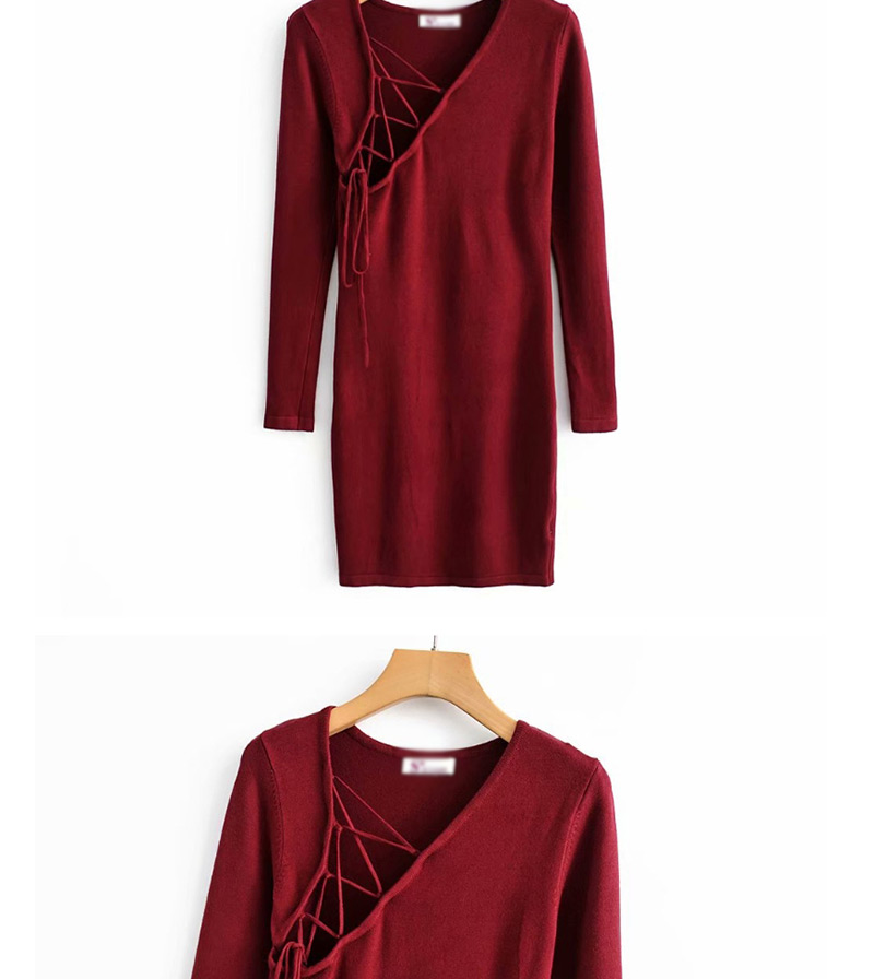 Fashion Jujube Red Diagonal Collar String Knit Dress,Mini & Short Dresses
