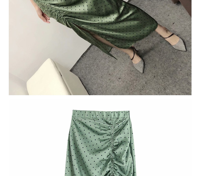 Fashion Green Polka Dot Printed Pleated Split Skirt,Skirts
