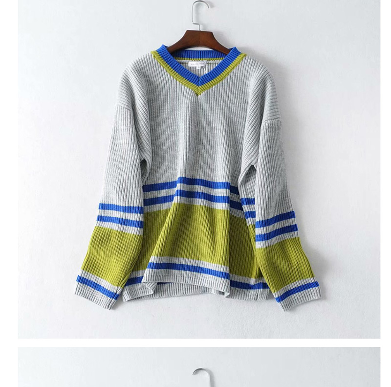 Fashion Gray Colorblock Striped V-neck Sweater,Sweater
