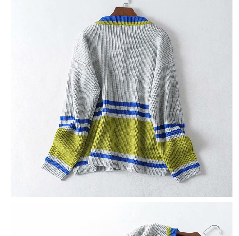 Fashion Gray Colorblock Striped V-neck Sweater,Sweater