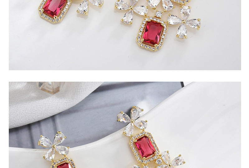 Fashion Red  Silver Pin Micro Inlaid Zircon Gemstone Flower Earrings,Earrings