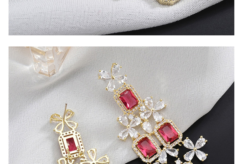 Fashion Red  Silver Pin Micro Inlaid Zircon Gemstone Flower Earrings,Earrings