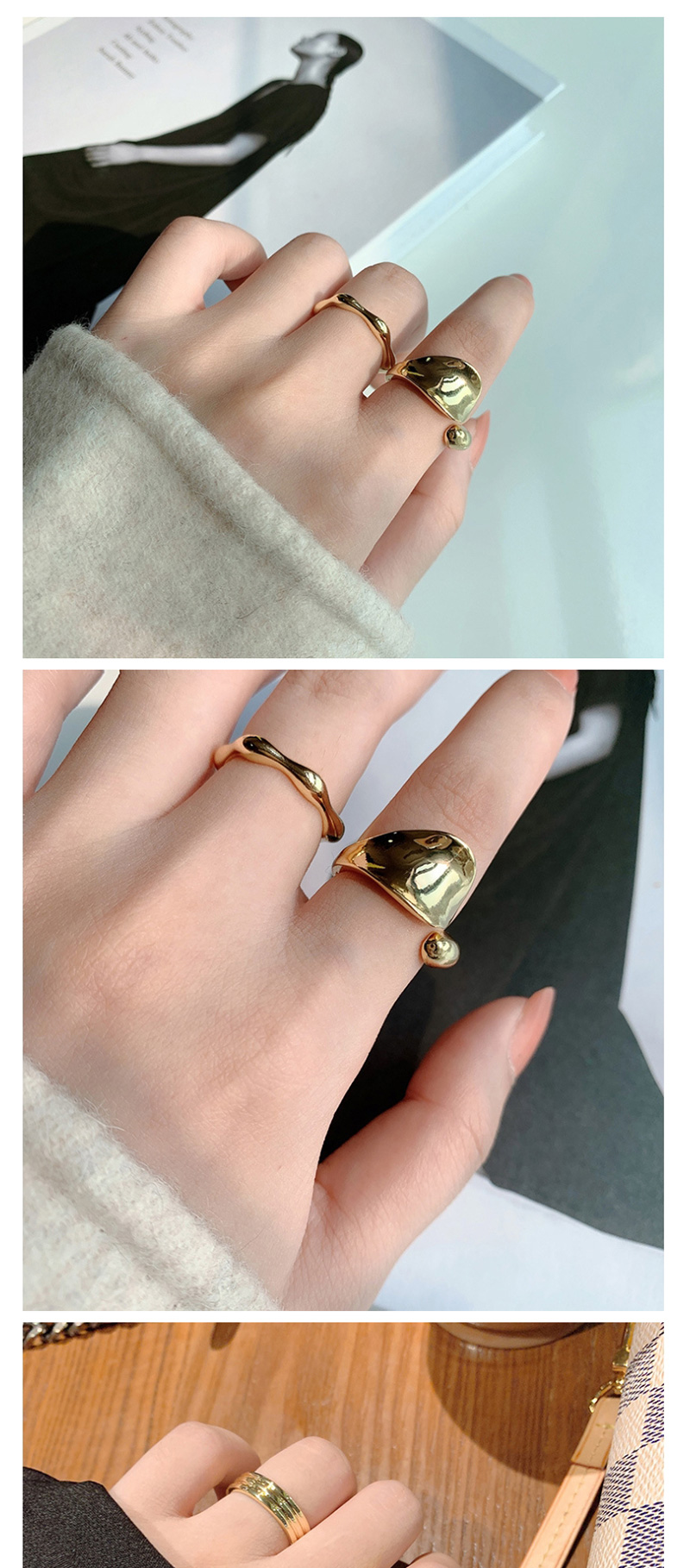 Fashion Three-layer Ring (gold) Curved Wide-faced Light Ring With Water Drops,Fashion Rings