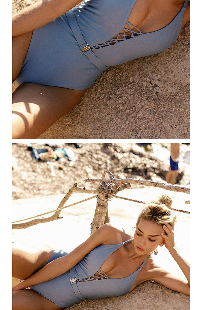 Fashion Blue Bandage Belt Buckle One-piece Swimsuit,One Pieces