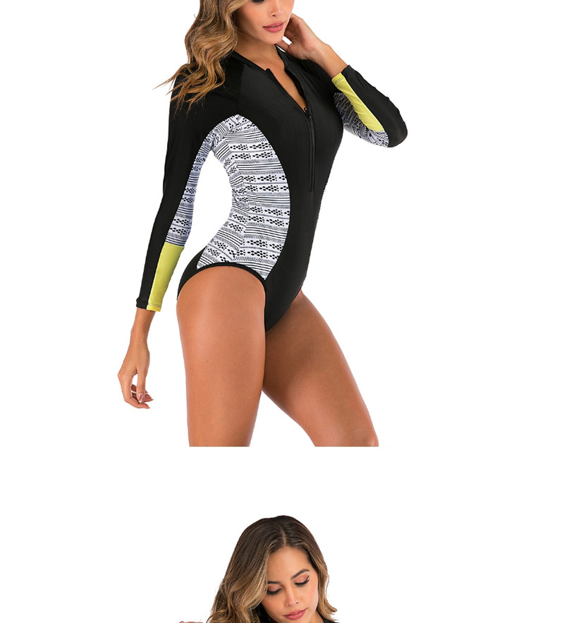 Fashion Black + Green Leaves Long Sleeve One-piece Swimsuit,One Pieces