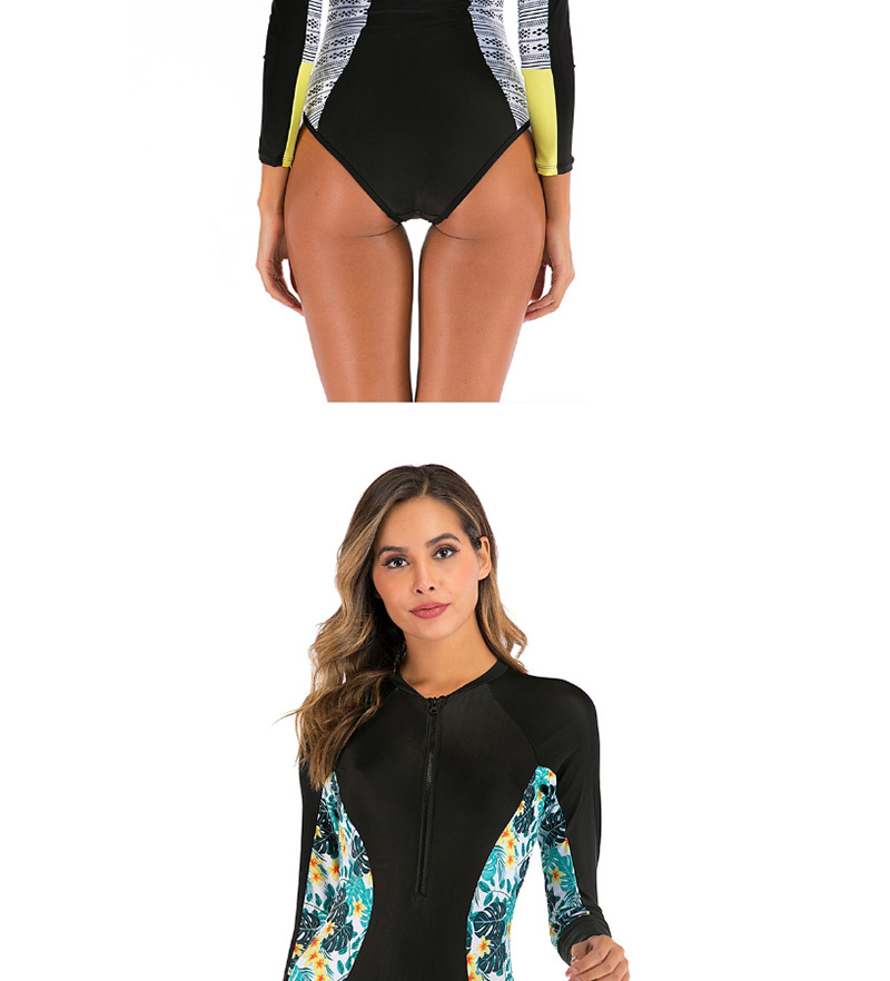 Fashion Black + Green Leaves Long Sleeve One-piece Swimsuit,One Pieces