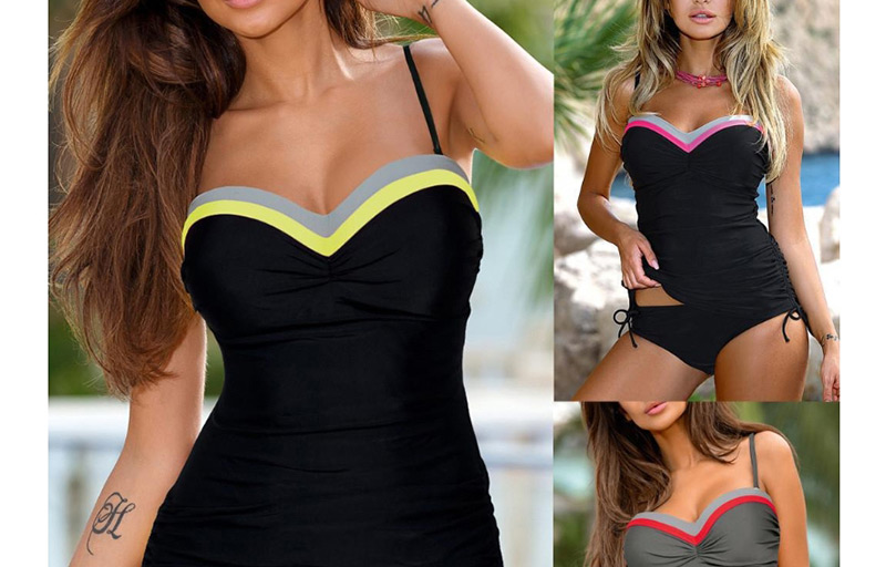 Fashion Black Yellow Flat Angle Split Swimsuit,Swimwear Sets