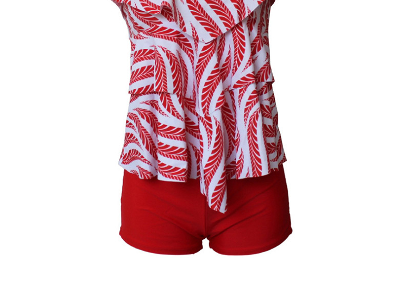 Fashion Red Maple Leaf Flat Angle Multi-layered Ruffled Split Swimsuit,Swimwear Sets