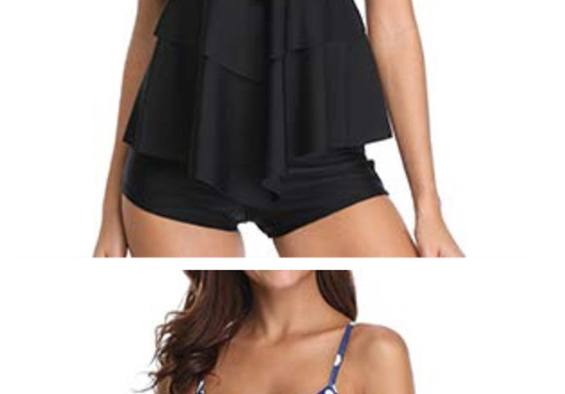 Fashion Blue Dot Flat Angle Multi-layered Ruffled Split Swimsuit,Swimwear Sets