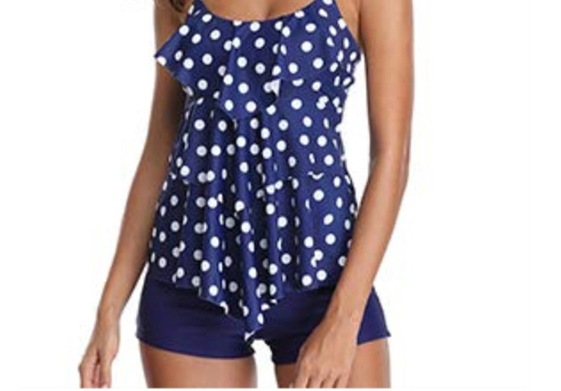 Fashion White Dots Flat Angle Multi-layered Ruffled Split Swimsuit,Swimwear Sets