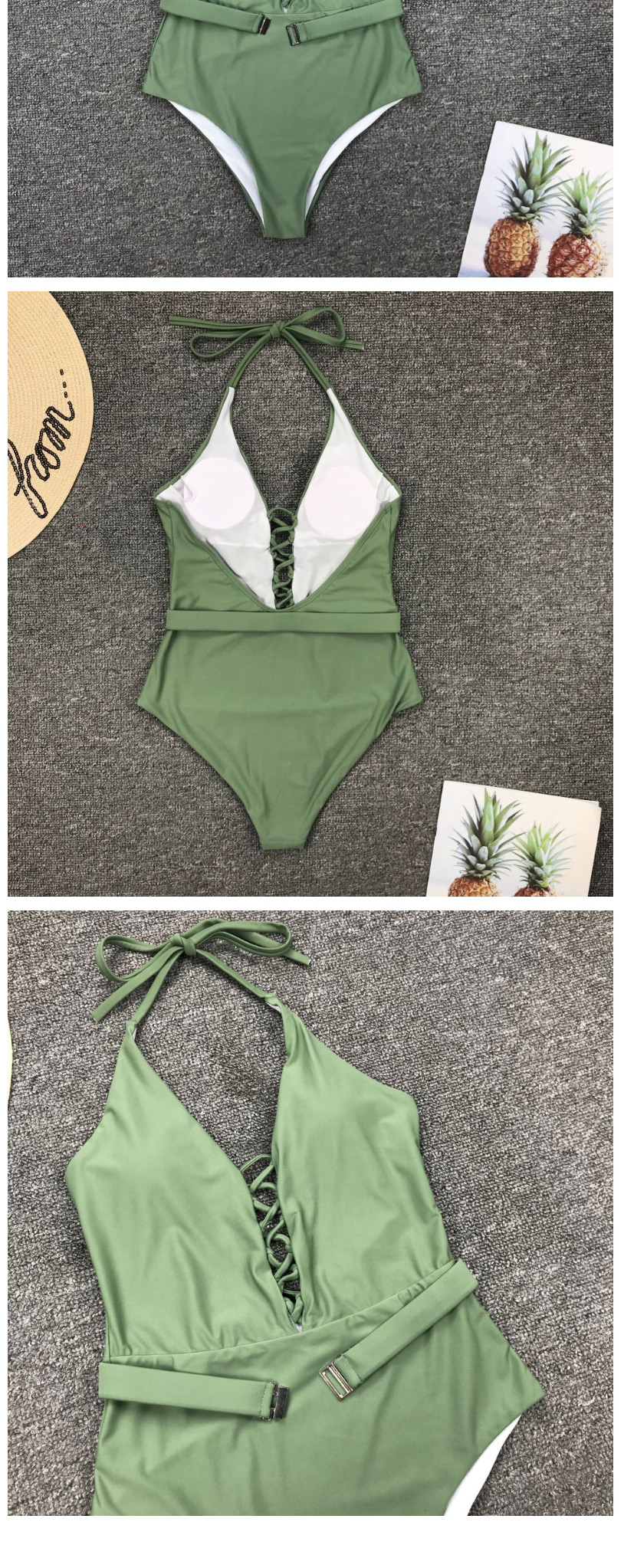 Fashion Green Bandage Belt Buckle One-piece Swimsuit,One Pieces