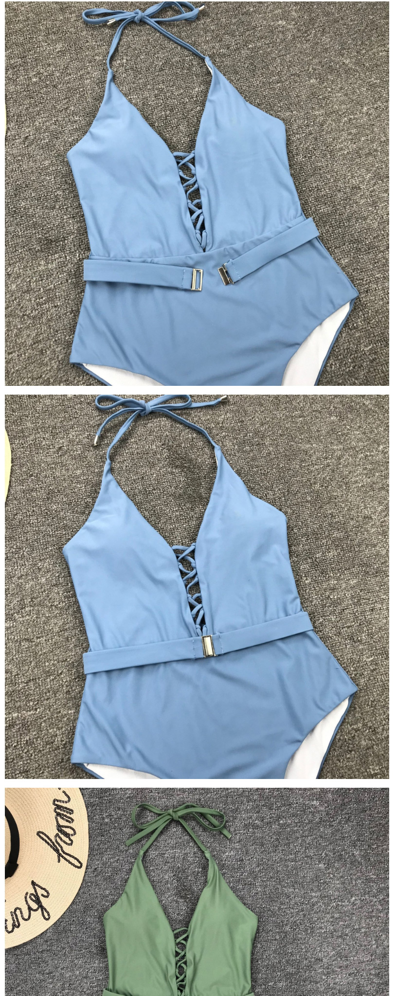 Fashion Blue Bandage Belt Buckle One-piece Swimsuit,One Pieces