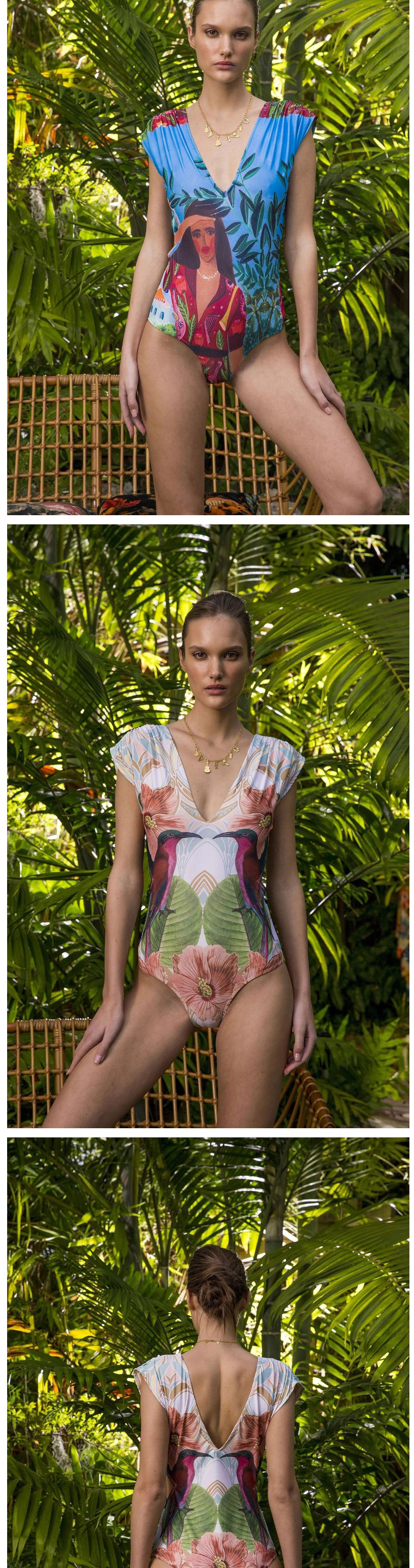 Fashion Wasp Bird Printed V-neck One-piece Swimsuit,One Pieces