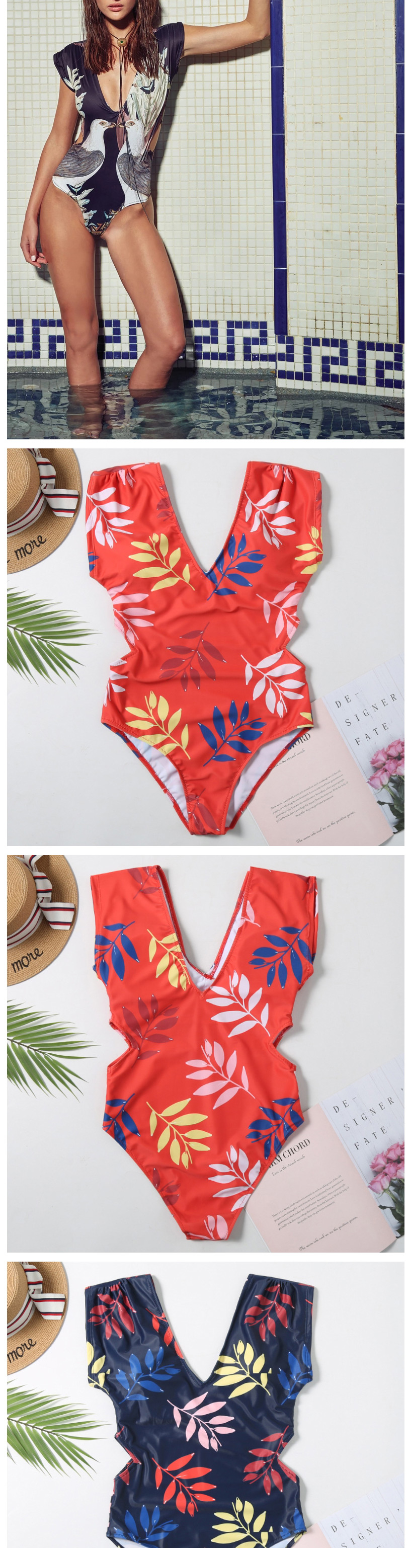 Fashion Orange Leaves Printed V-neck One-piece Swimsuit,One Pieces