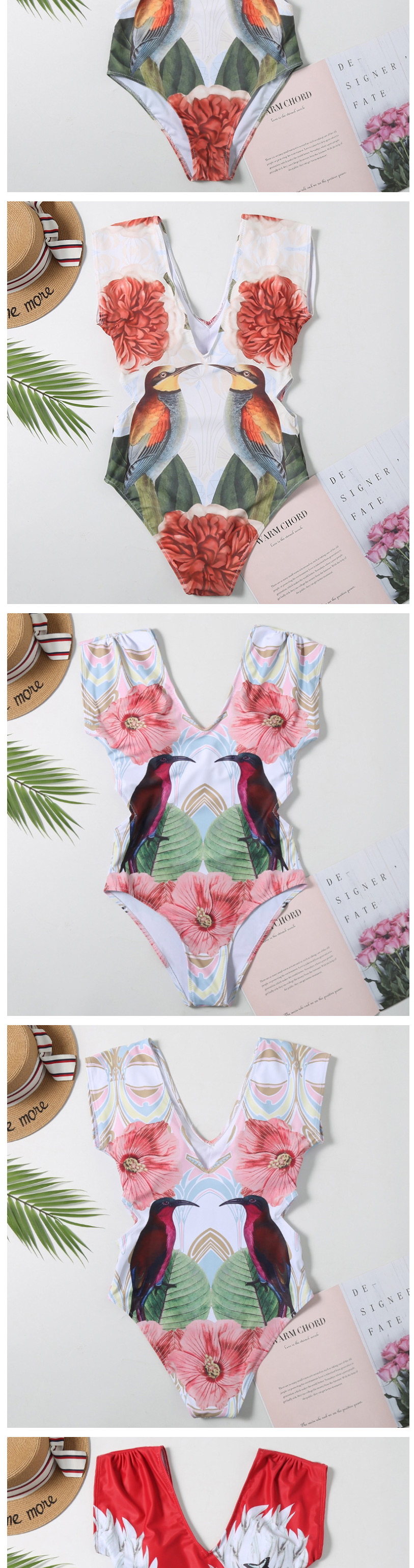 Fashion Orange Leaves Printed V-neck One-piece Swimsuit,One Pieces