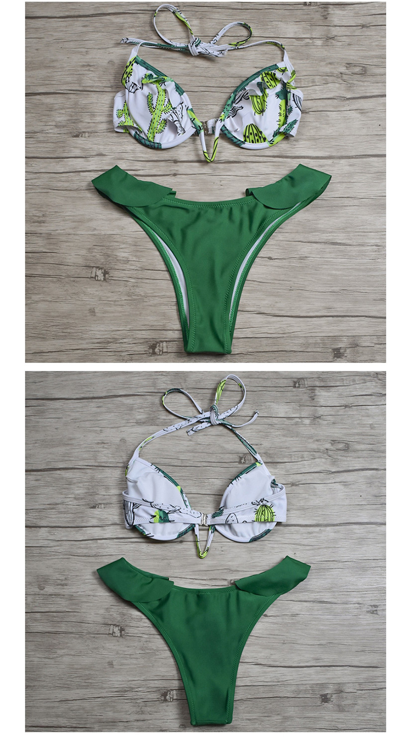 Fashion Green Cactus Cactus Print Split Swimsuit,Bikini Sets