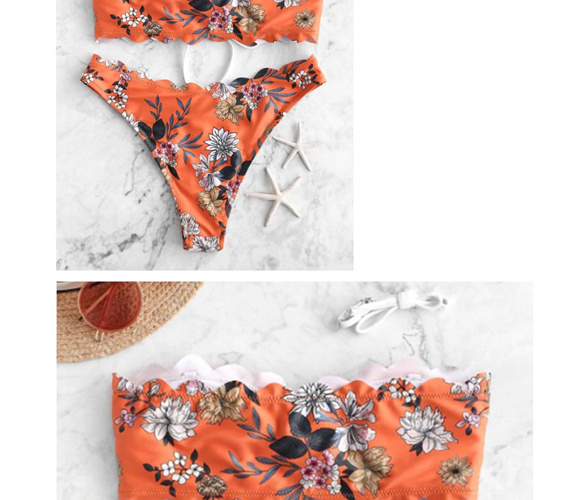 Fashion Orange Printed Tube Top Chest Tie With Rope Split Swimsuit,Bikini Sets