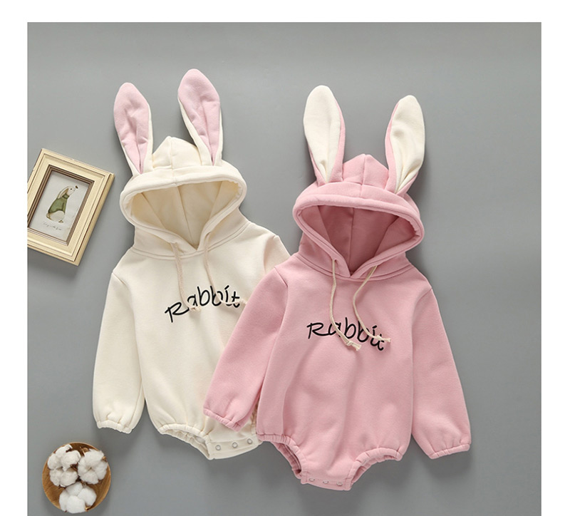 Fashion Pink Rabbit Ears Hooded Plus Velvet Romper,Kids Clothing