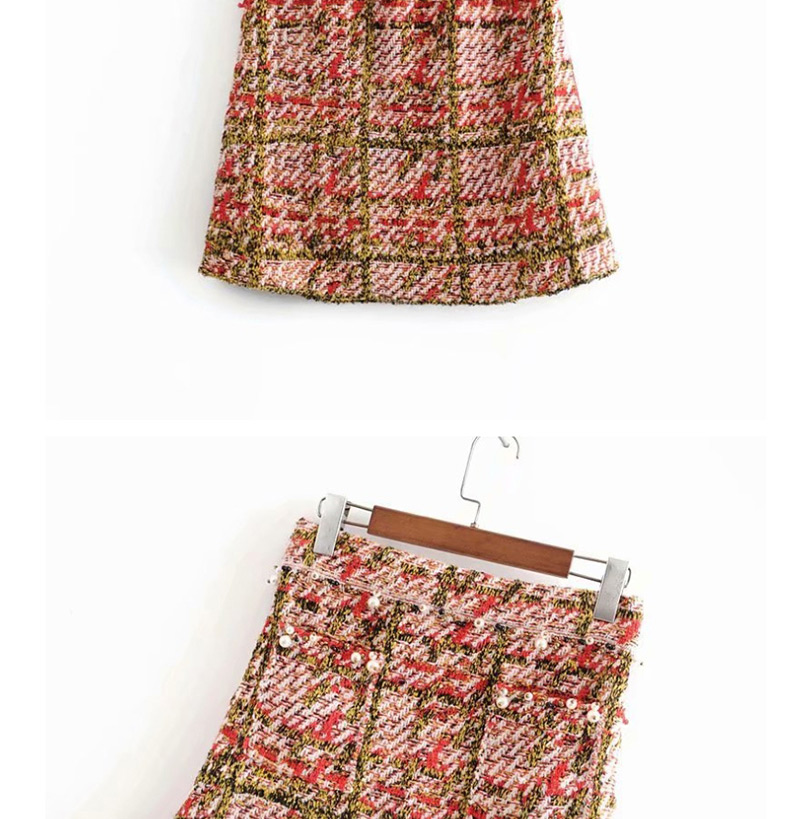 Fashion Pink Plaid Pearl Stitching A Word Skirt,Skirts
