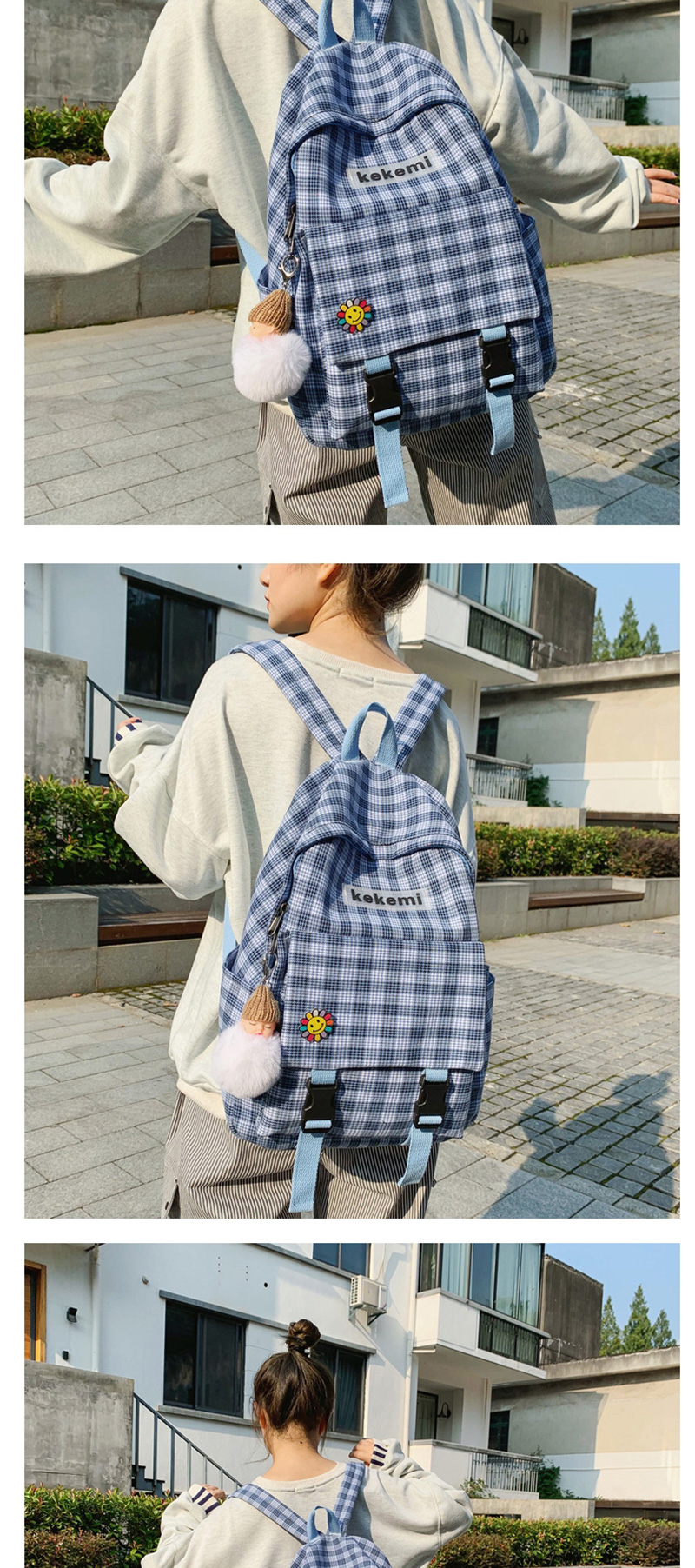 Fashion Blue Plus Pendant Plaid Backpack,Backpack
