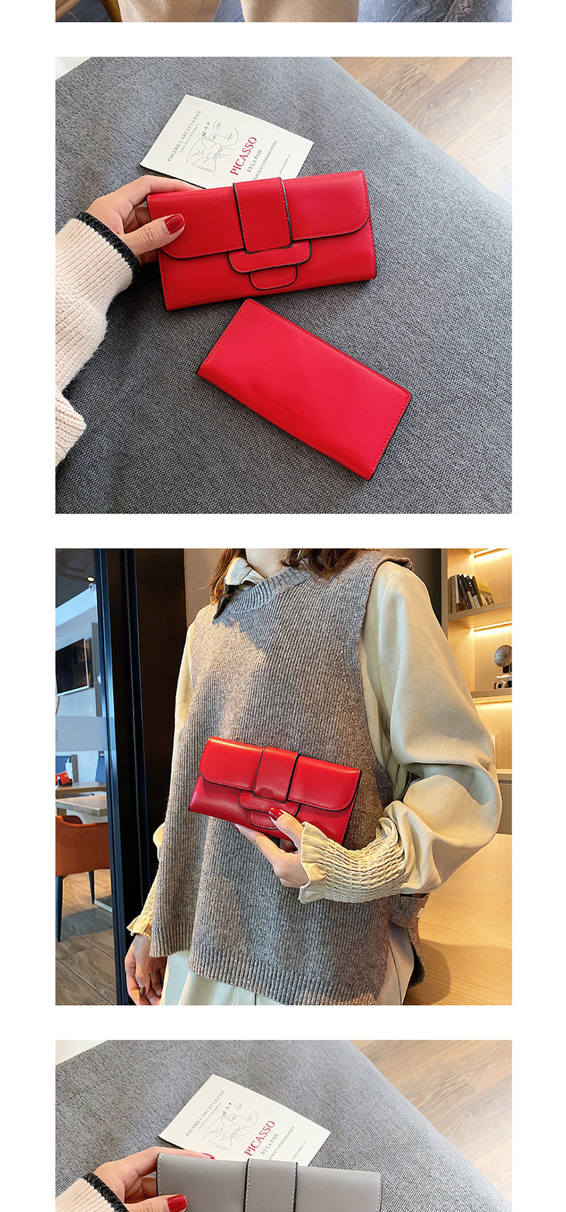 Fashion Red 3 Fold Long Belt Buckle Oil Side Change Clip 2 Piece Set,Wallet