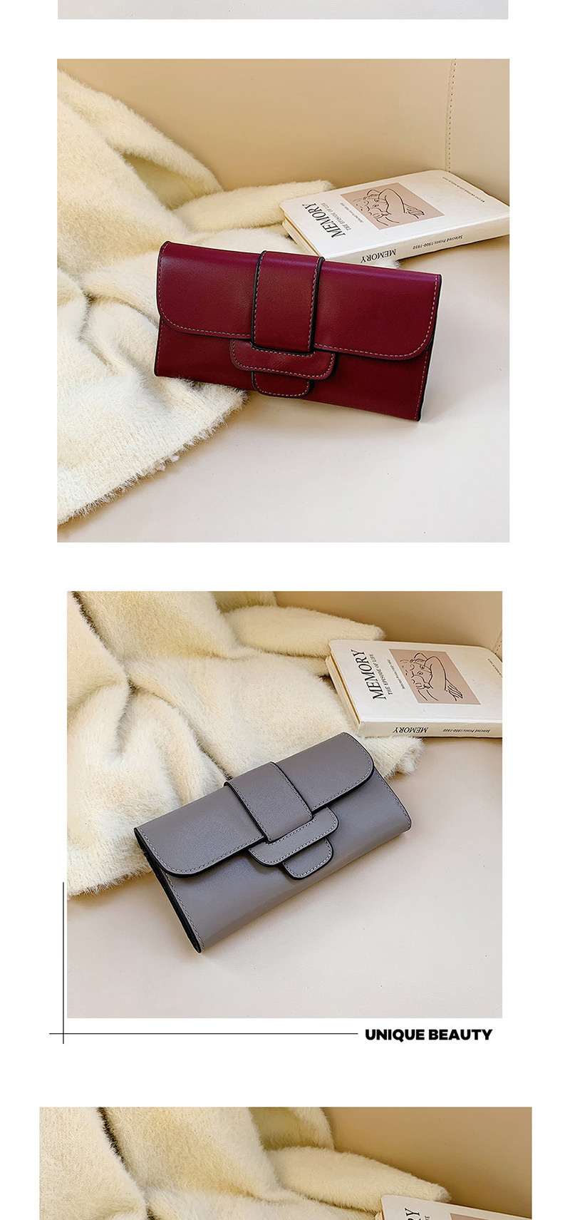 Fashion Light Grey 3 Fold Long Belt Buckle Oil Side Change Clip 2 Piece Set,Wallet