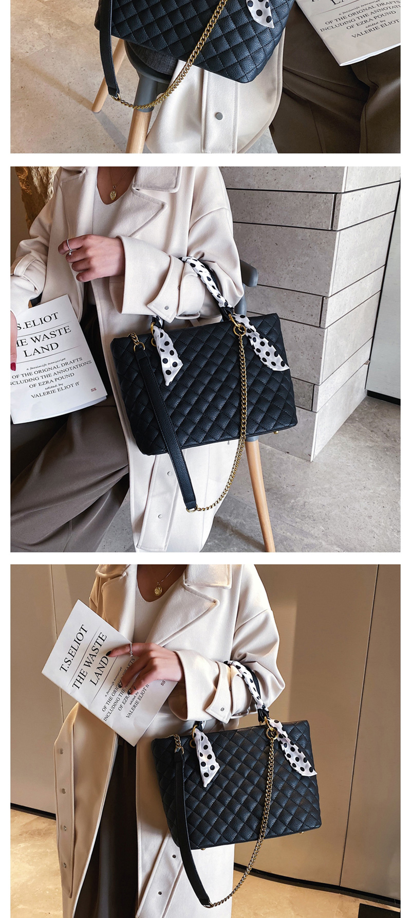 Fashion Black Lingge Chain Scarf Single Shoulder Messenger Handbag,Handbags