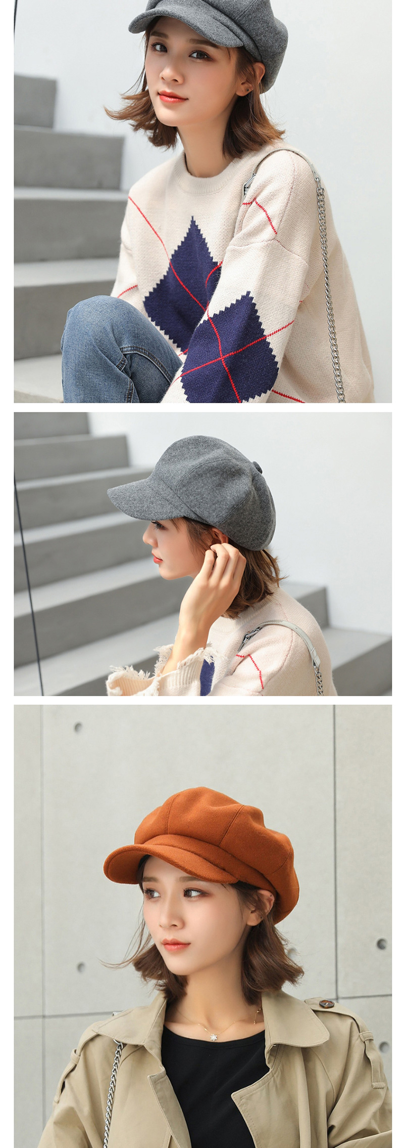 Fashion Gray Woolen Octagonal Cap,Beanies&Others