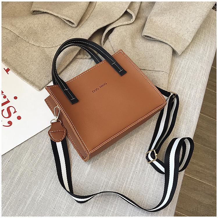 Fashion Brown Contrast Stitching Wide Shoulder Strap One Shoulder Slung Tote,Handbags