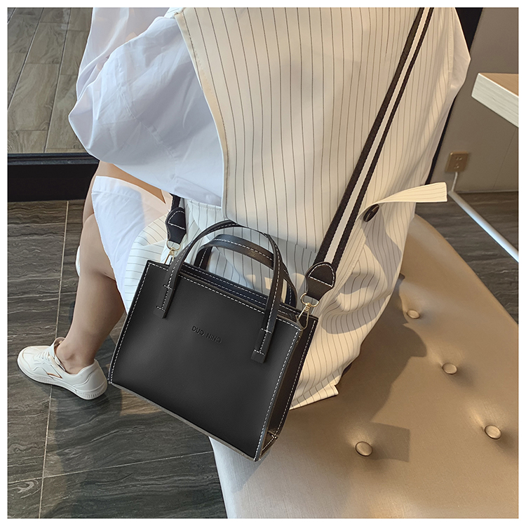 Fashion Black Contrast Stitching Wide Shoulder Strap One Shoulder Slung Tote,Handbags