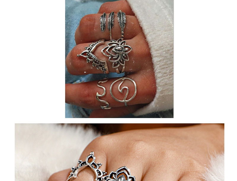  Silver Lotus Leaf Flower Crown Ring Set Of 6,Fashion Rings