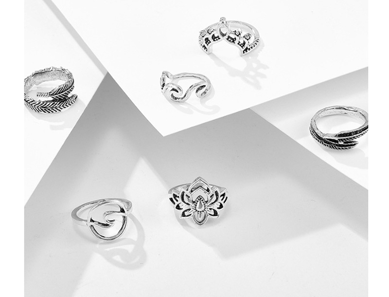  Silver Lotus Leaf Flower Crown Ring Set Of 6,Fashion Rings