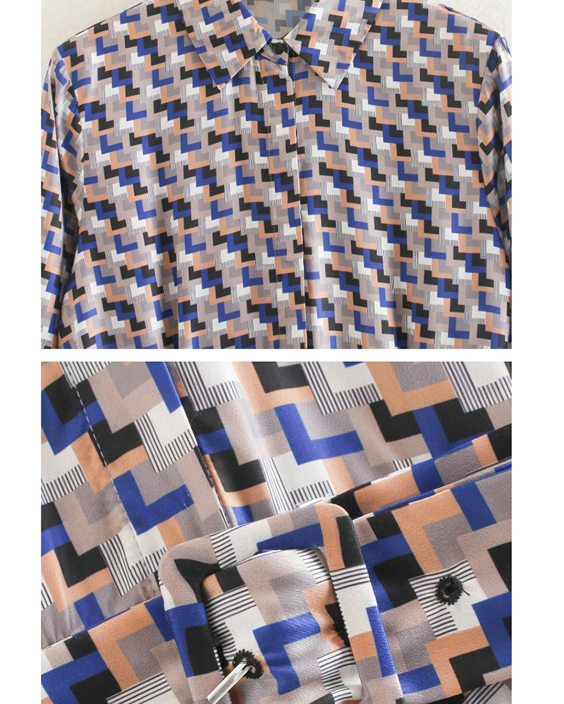 Fashion Blue Pleated Geometric Print Dress,Long Dress
