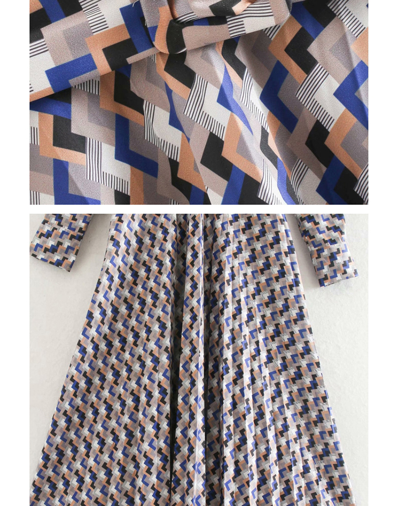 Fashion Blue Pleated Geometric Print Dress,Long Dress