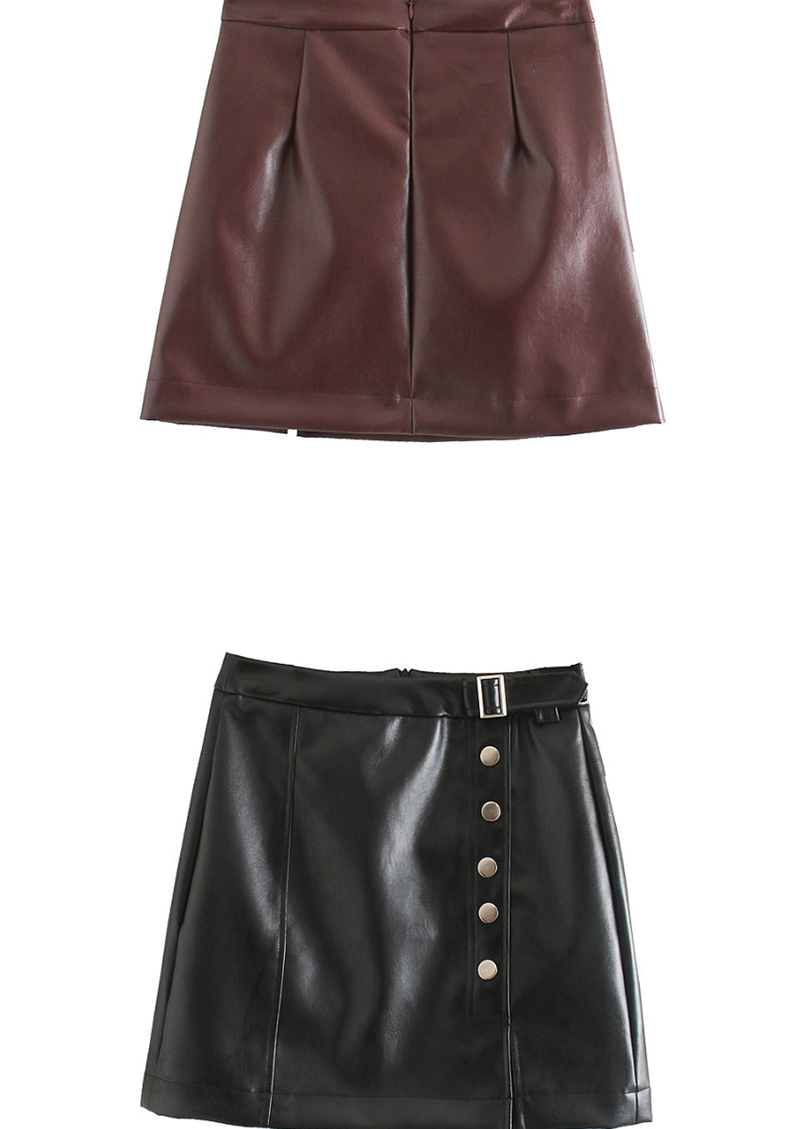 Fashion Wine Red Straight Buckle Pu Leather Skirt,Skirts