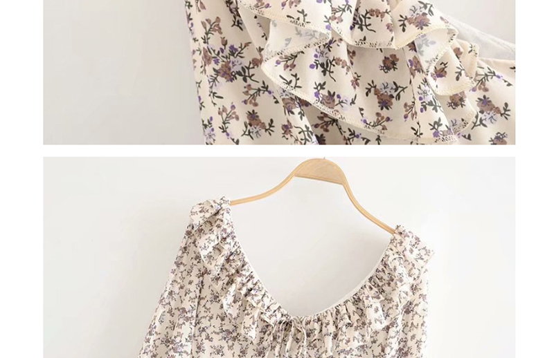 Fashion Beige Small Floral Lotus Leaf Drawstring Dress,Mini & Short Dresses
