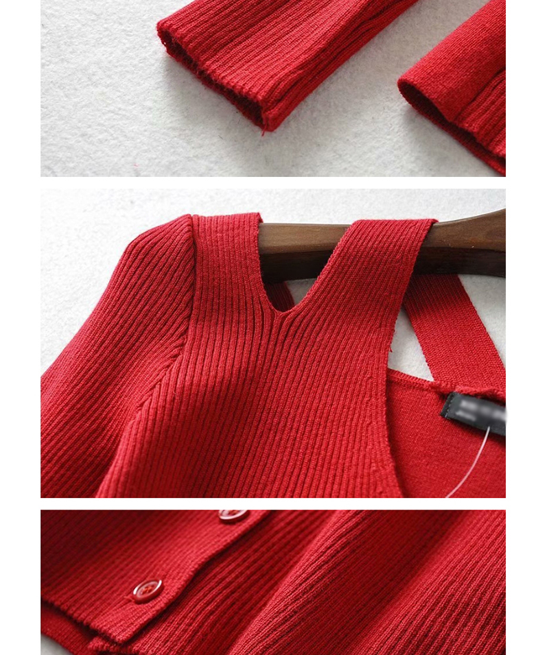 Fashion Red Leaky Shoulder Single-breasted Knit Sweater,Sweater