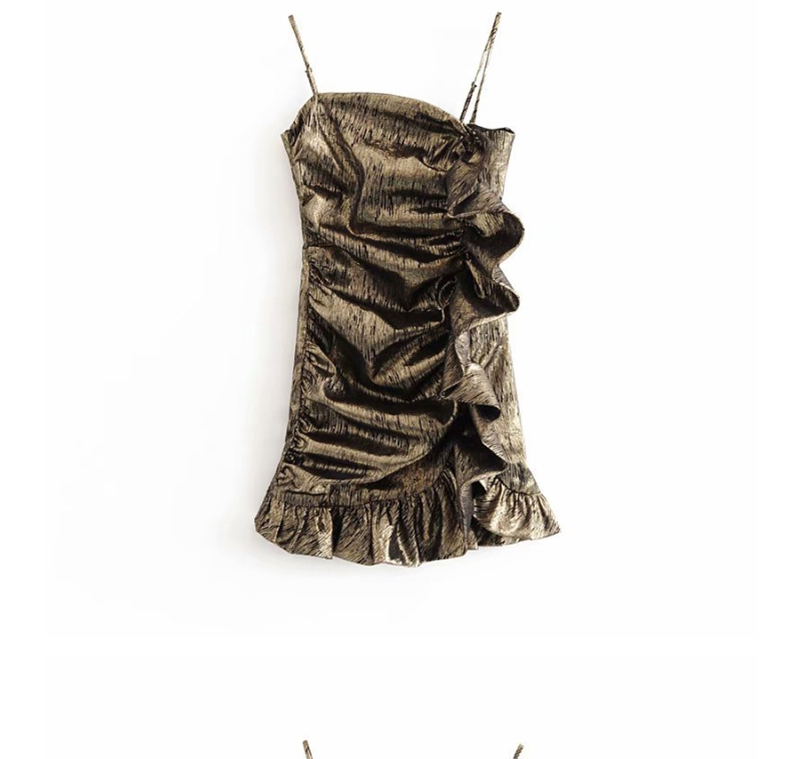 Fashion Bronze Metallic Laminated Pleated Suspender Dress,Mini & Short Dresses