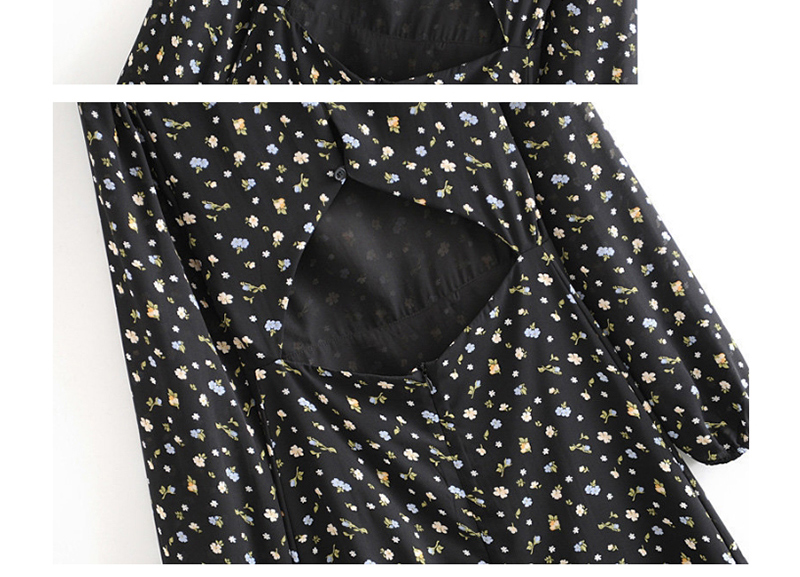 Fashion Black V-neck Halter Openwork Bubble Sleeve Print Dress,Long Dress