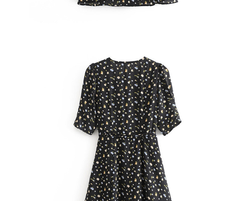 Fashion Black Floral Print V-neck Wrap Dress,Mini & Short Dresses